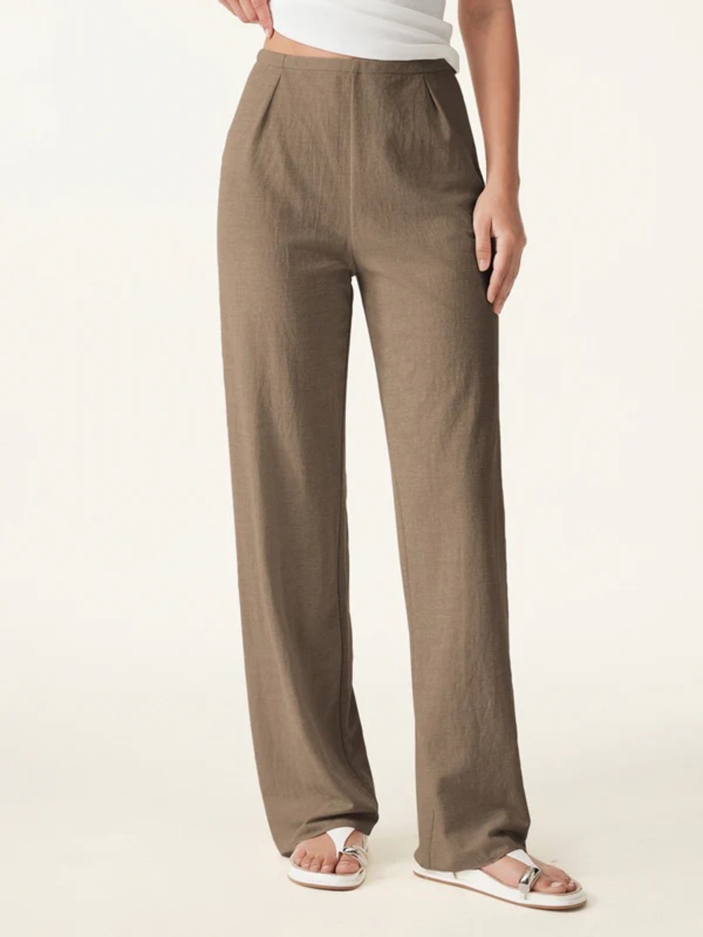 NWT OGL Cotton Linen Wrinkle-resistant Mid Rise Straight Leg Pant in brown